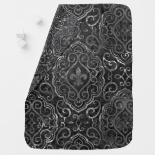 Vintage Fleur de Lis Black Silver Grunge Damask Baby Blanket