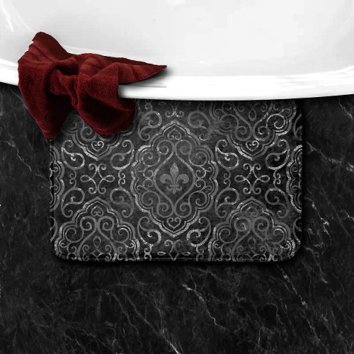 Vintage Fleur de Lis  Black Silver Grunge Damask Bath Mat