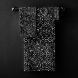 Vintage Fleur de Lis | Black Silver Grunge Damask Bath Towel Set