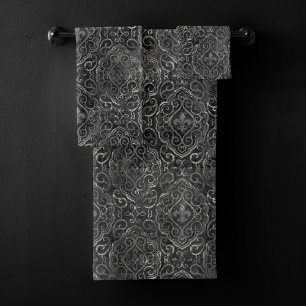 Vintage Fleur de Lis   Black Silver Grunge Damask Bath Towel Set