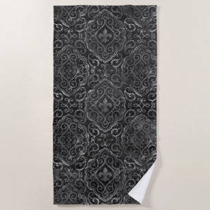 Vintage Fleur de Lis Black Silver Grunge Damask Beach Towel