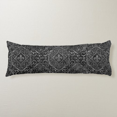 Vintage Fleur de Lis  Black Silver Grunge Damask Body Pillow