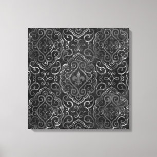 Vintage Fleur de Lis Black Silver Grunge Damask Canvas Print