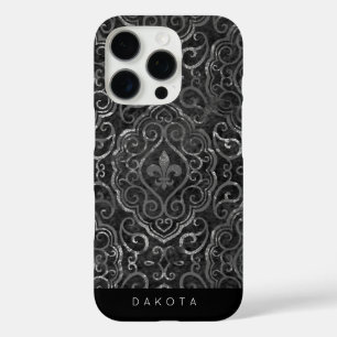 Vintage Fleur de Lis   Black Silver Grunge Damask iPhone 16 Pro Case