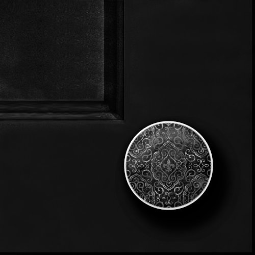 Vintage Fleur de Lis  Black Silver Grunge Damask Ceramic Knob
