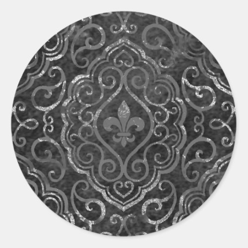 Vintage Fleur de Lis  Black Silver Grunge Damask Classic Round Sticker