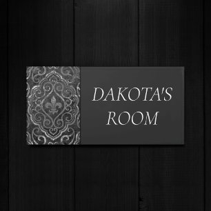 Vintage Fleur de Lis Black Silver Grunge Damask Door Sign