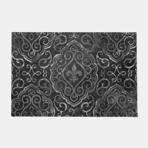 Vintage Fleur de Lis  Black Silver Grunge Damask Doormat