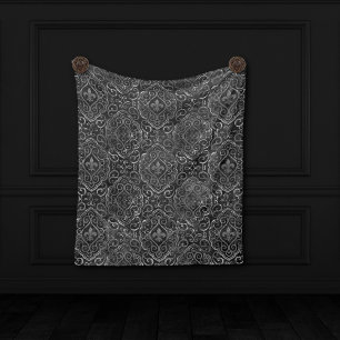 Vintage Fleur de Lis Black Silver Grunge Damask Fleece Blanket