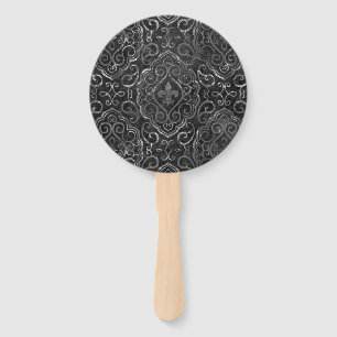 Vintage Fleur de Lis Black Silver Grunge Damask Hand Fan