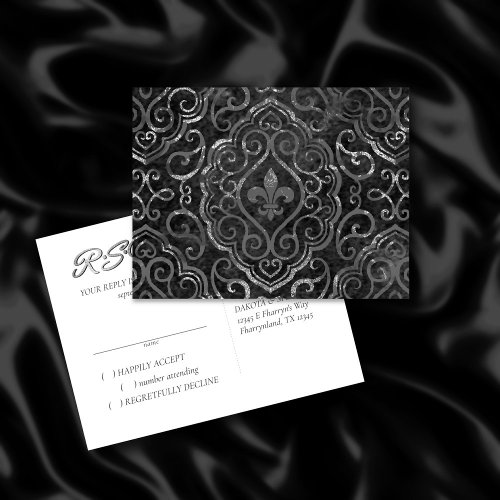 Vintage Fleur de Lis  Black Silver Grunge Damask Invitation Postcard