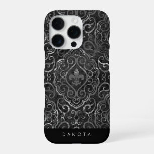 Vintage Fleur de Lis Black Silver Grunge Damask iPhone 16 Pro Case
