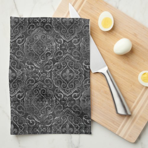 Vintage Fleur de Lis  Black Silver Grunge Damask Kitchen Towel