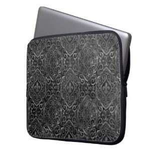 Vintage Fleur de Lis   Black Silver Grunge Damask Laptop Sleeve
