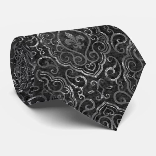 Vintage Fleur de Lis  Black Silver Grunge Damask Neck Tie