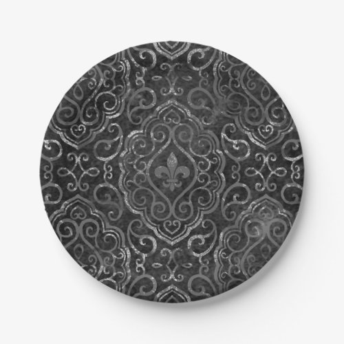 Vintage Fleur de Lis  Black Silver Grunge Damask Paper Plates