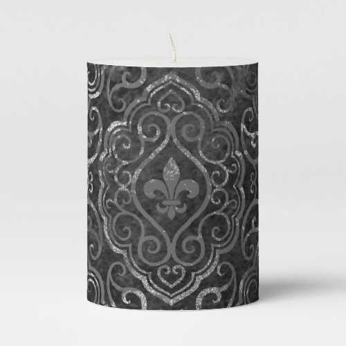 Vintage Fleur de Lis  Black Silver Grunge Damask Pillar Candle