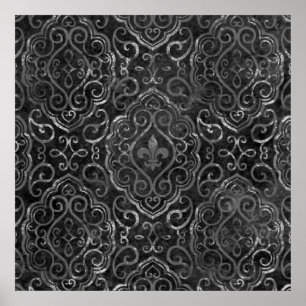 Vintage Fleur de Lis Black Silver Grunge Damask Poster