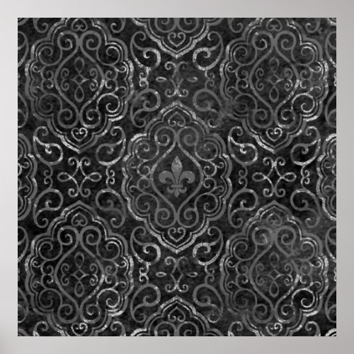 Vintage Fleur de Lis  Black Silver Grunge Damask Poster