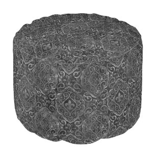 Vintage Fleur de Lis Black Silver Grunge Damask Pouf
