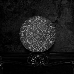 Vintage Fleur de Lis   Black Silver Grunge Damask Round Clock