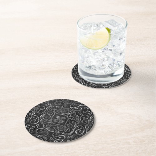 Vintage Fleur de Lis  Black Silver Grunge Damask Round Paper Coaster