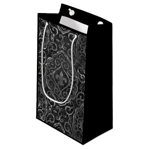 Vintage Fleur de Lis  Black Silver Grunge Damask Small Gift Bag