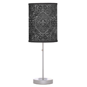 Vintage Fleur de Lis Black Silver Grunge Damask Table Lamp
