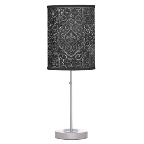 Vintage Fleur de Lis  Black Silver Grunge Damask Table Lamp