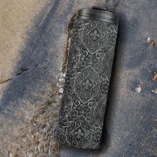 Vintage Fleur de Lis Black Silver Grunge Damask Thermal Tumbler