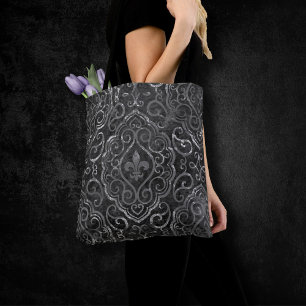 Vintage Fleur de Lis Black Silver Grunge Damask Tote Bag