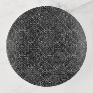 Vintage Fleur de Lis Black Silver Grunge Damask Trinket Tray