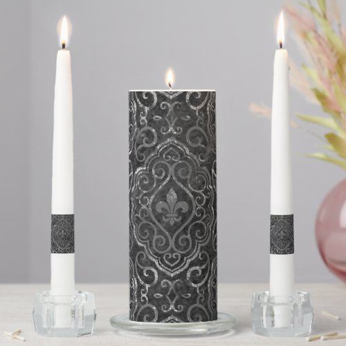 Vintage Fleur de Lis  Black Silver Grunge Damask Unity Candle Set