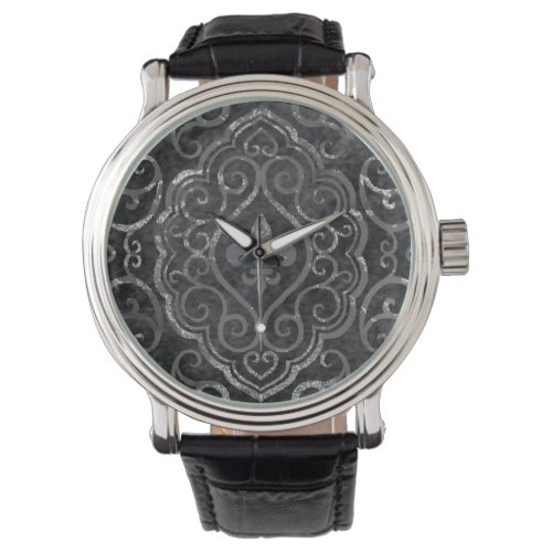Vintage Fleur de Lis  Black Silver Grunge Damask Watch