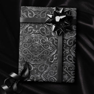 Vintage Fleur de Lis   Black Silver Grunge Damask Wrapping Paper