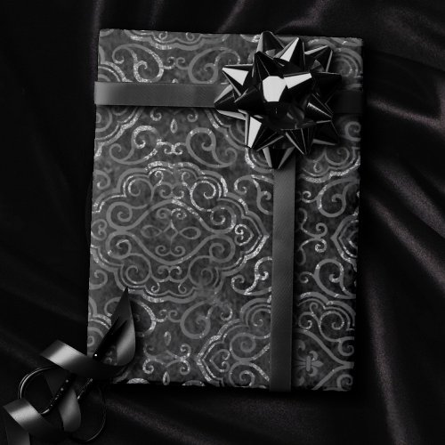 Vintage Fleur de Lis  Black Silver Grunge Damask Wrapping Paper