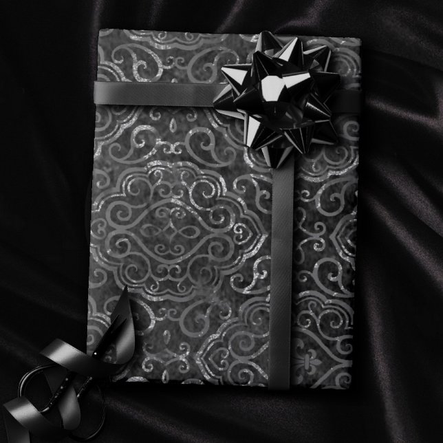 Vintage Fleur de Lis | Black Silver Grunge Damask Wrapping Paper (Creator Uploaded)