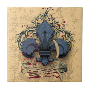 Vintage fleur-de-lis blue metal grunge effects tile