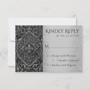 Vintage Fleur de Lis Damask Black Silver Grunge RSVP Card
