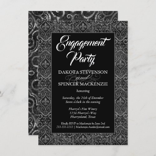 Vintage Fleur de Lis Damask  Grunge Engagement Invitation