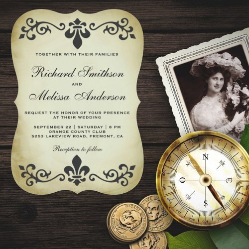 Vintage Fleur De Lis Flourish Wedding Invitation