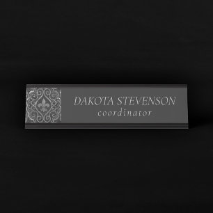 Vintage Fleur de Lis Grunge Damask Branding Desk Name Plate