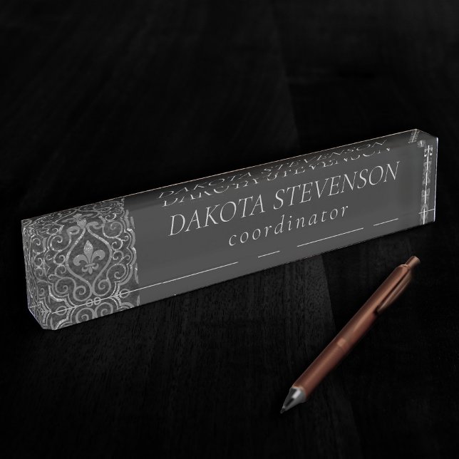 Vintage Fleur de Lis | Grunge Damask Branding Desk Name Plate (Creator Uploaded)