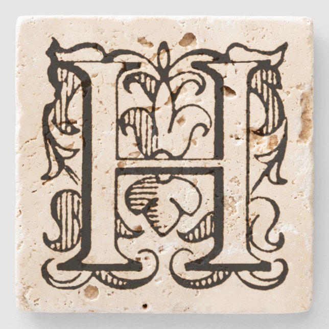 Vintage Fleur de Lis Monogram 'H' Stone Coaster (Front)