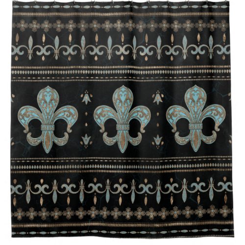 Vintage Fleur_de_lis ornament Teal and Gold Shower Curtain