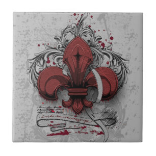 Vintage fleur-de-lis red metal grunge effects tile