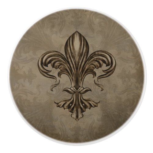 Vintage Fleur_de_lis Sepia Ceramic Knob