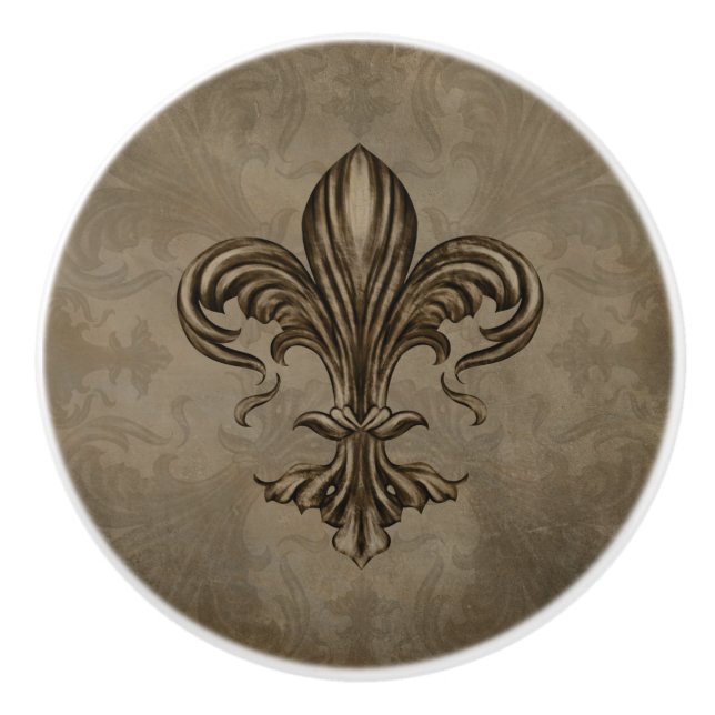Vintage Fleur-de-lis Sepia Ceramic Knob (Front)