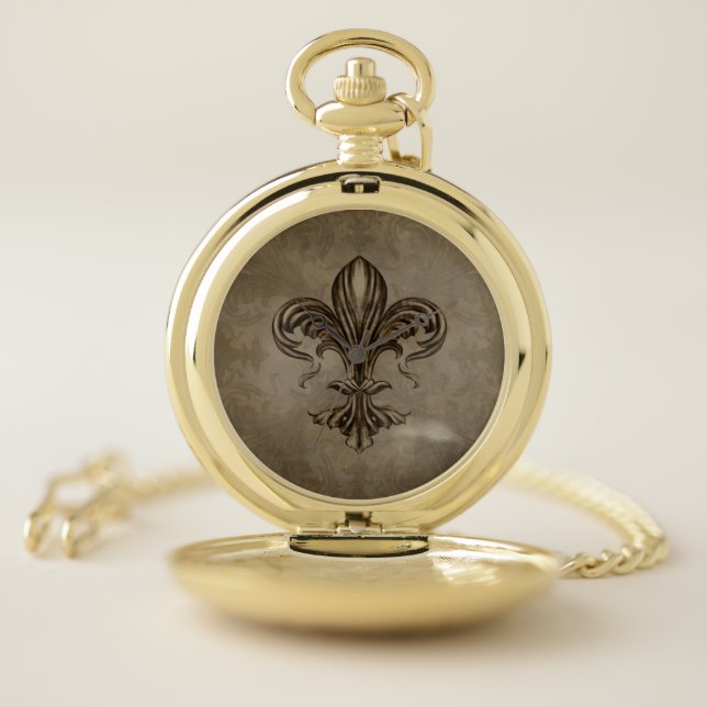 Vintage Fleur-de-lis Sepia Pocket Watch (Inside)