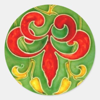 Vintage Fleur De Lis Tile Arts Crafts Art Nouveau Classic Round Sticker by PrintTiques at Zazzle